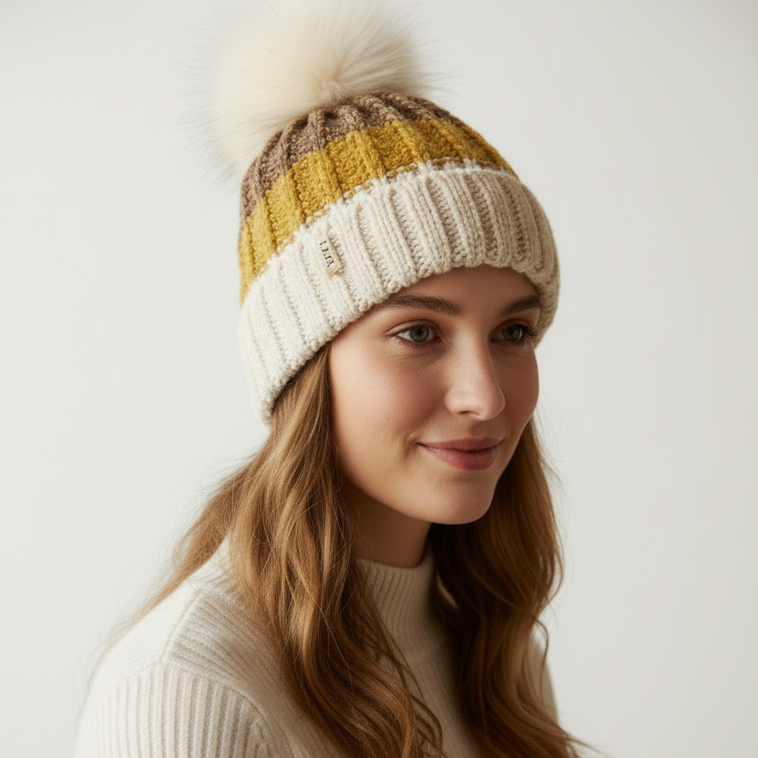 Mössa tofs, beige randig