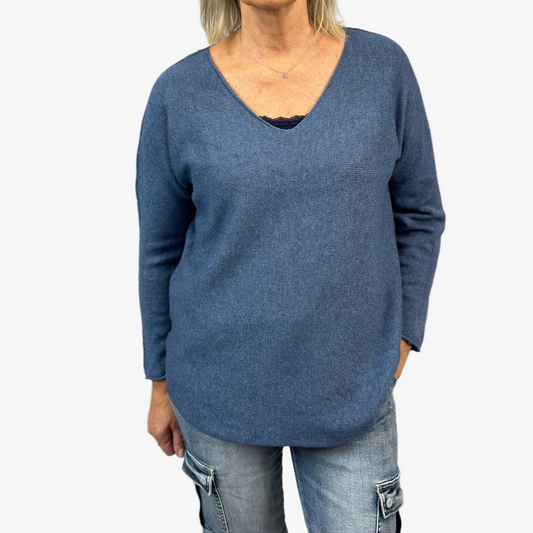 Finstickad tröja Hella, Jeansblå