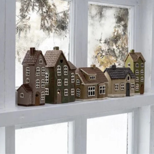 Ljuslykta, Keramikhus Beige/Grön 15cm