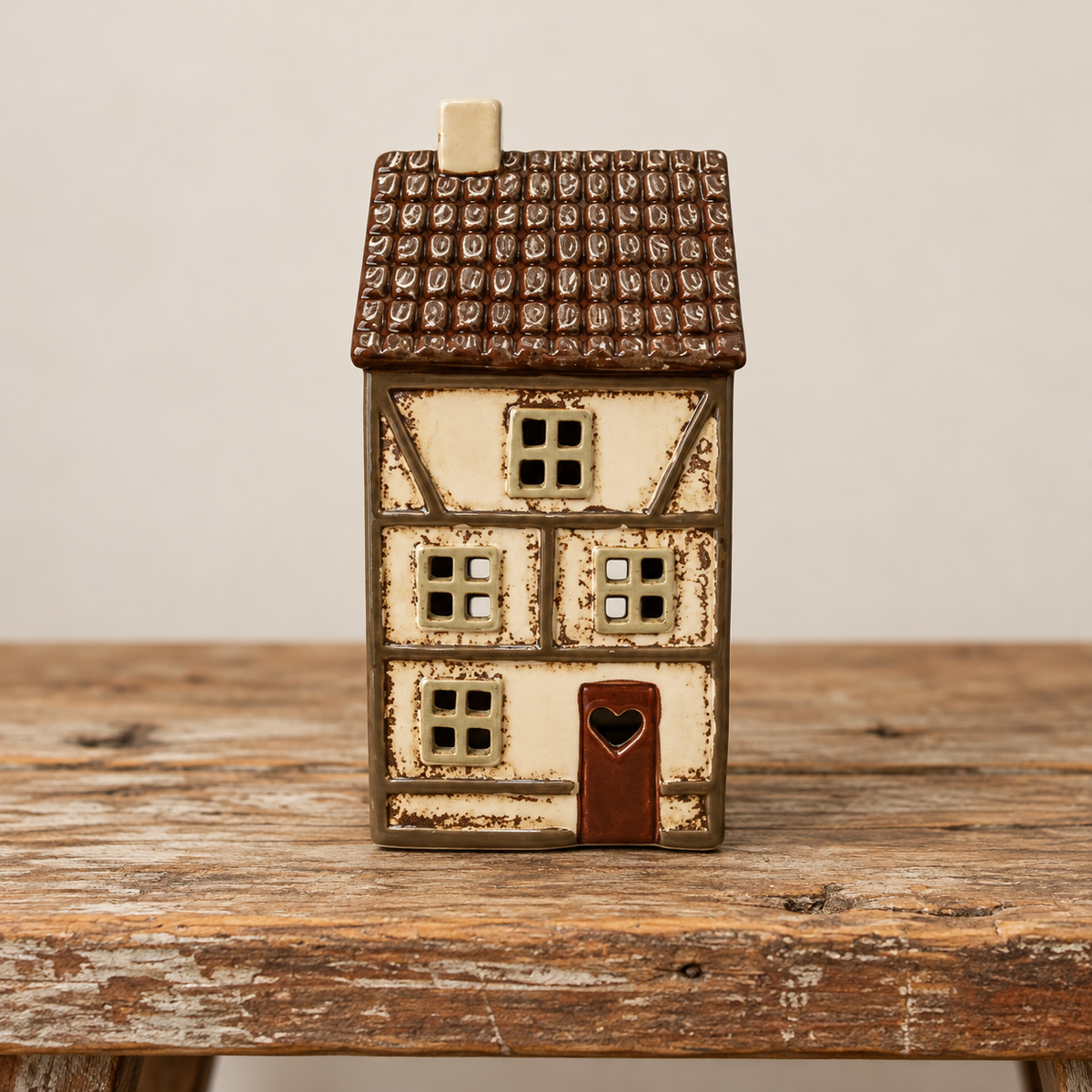 Ljuslykta, Keramikhus Beige/Grön 15cm