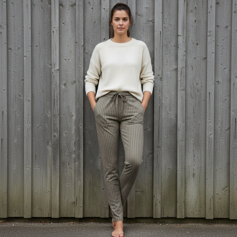 Stretch Trousers Signe, Taupe Striped