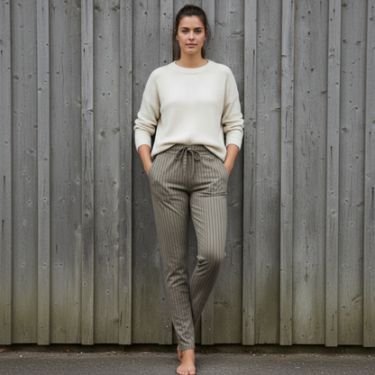 Stretch Trousers Signe, Taupe Striped